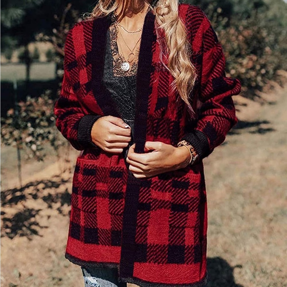 Women’s Open Front Long Cardigan, Buffalo Plaid, Size M